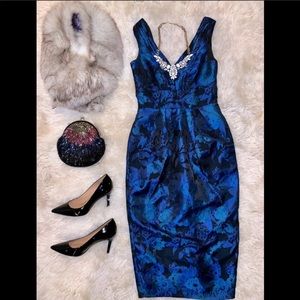 New Blue Dark Floral Brocade Midi Dress H&M